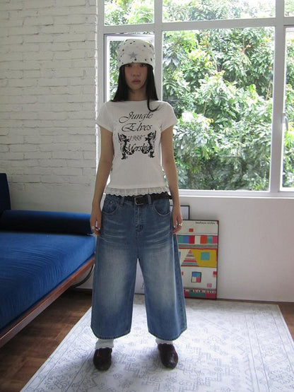 ang project Retro Washed Vintage Wide Leg Cropped Jeans