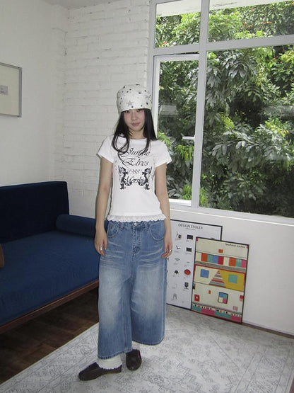 ang project Retro Washed Vintage Wide Leg Cropped Jeans