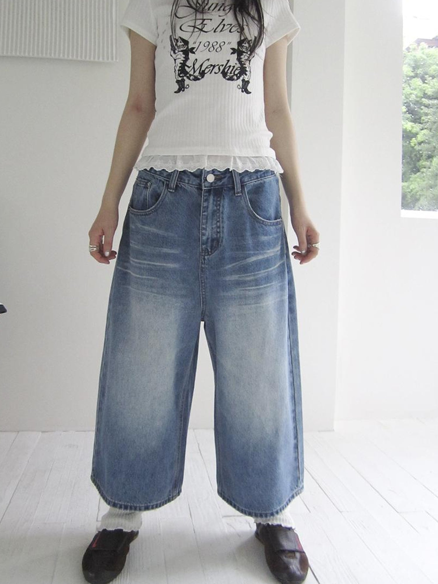 ang project Retro Washed Vintage Wide Leg Cropped Jeans