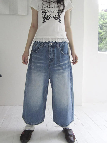 Retro Washed Vintage Wide Leg Cropped Jeans