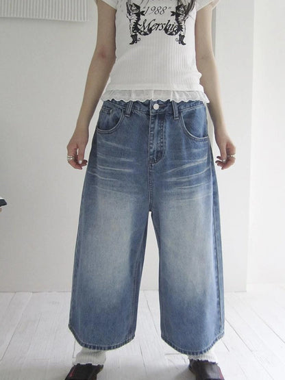 Retro Washed Vintage Wide Leg Cropped Jeans