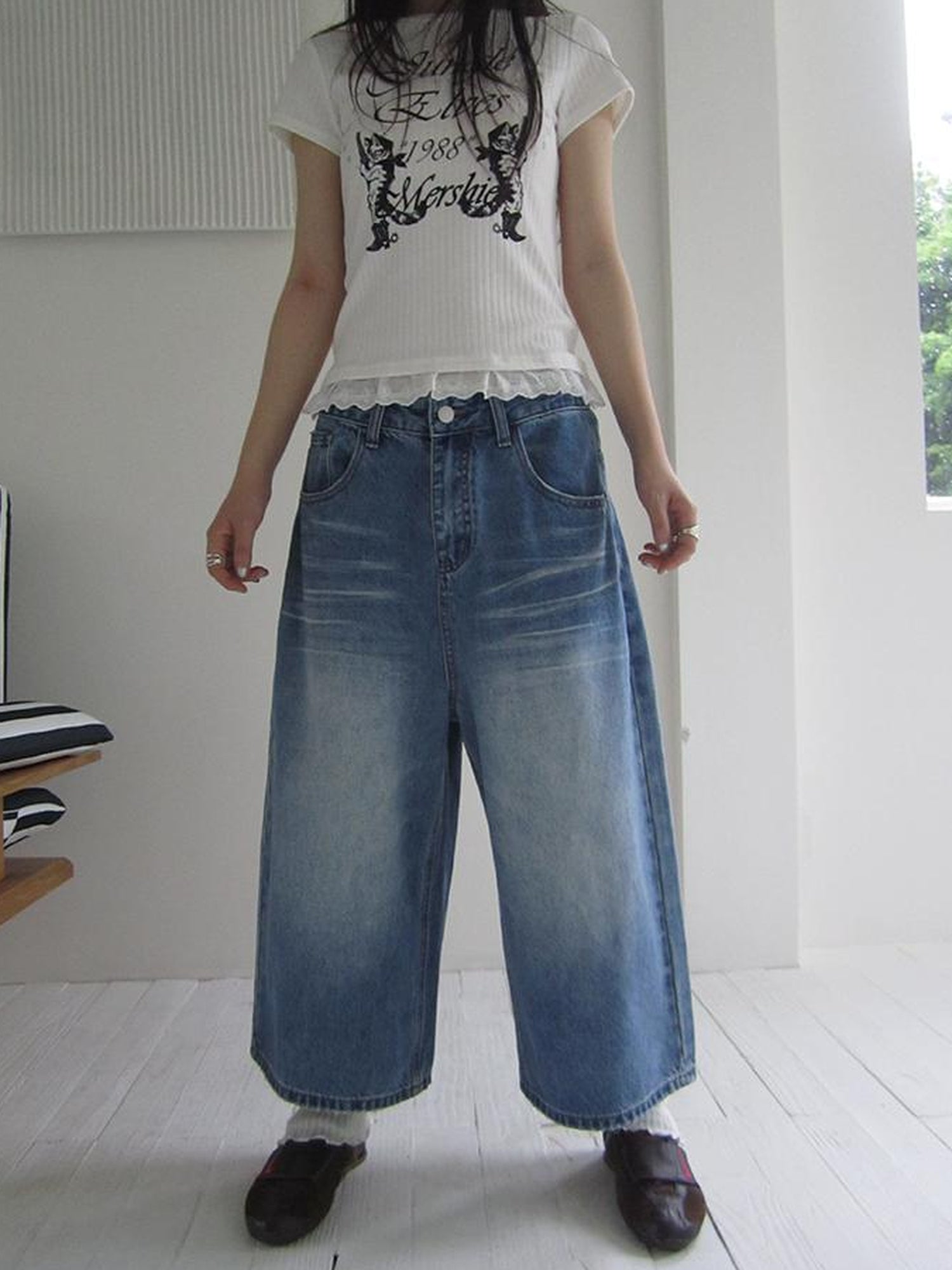 ang project Retro Washed Vintage Wide Leg Cropped Jeans