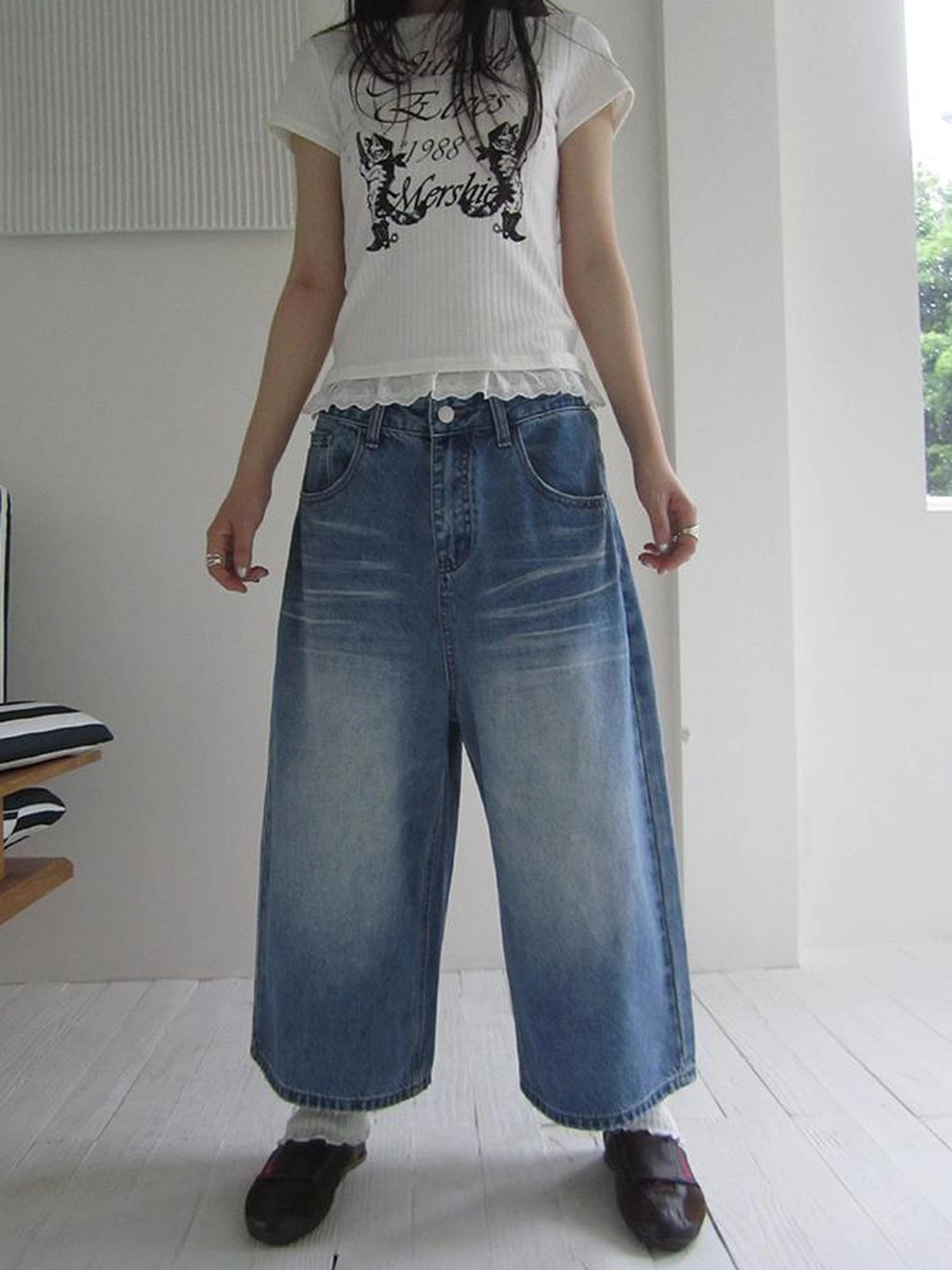 Retro Washed Vintage Wide Leg Cropped Jeans
