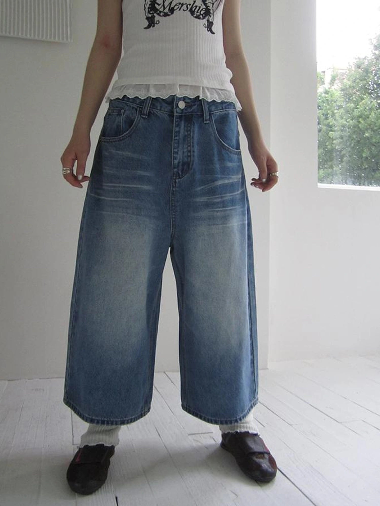 Retro Washed Vintage Wide Leg Cropped Jeans
