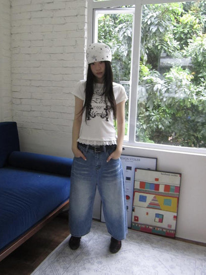 ang project Retro Washed Vintage Wide Leg Cropped Jeans