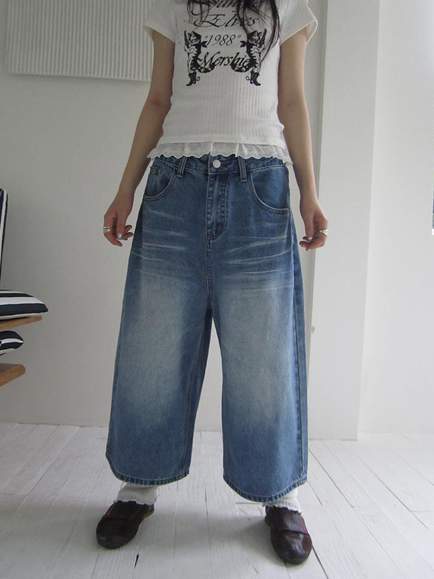ang project Retro Washed Vintage Wide Leg Cropped Jeans