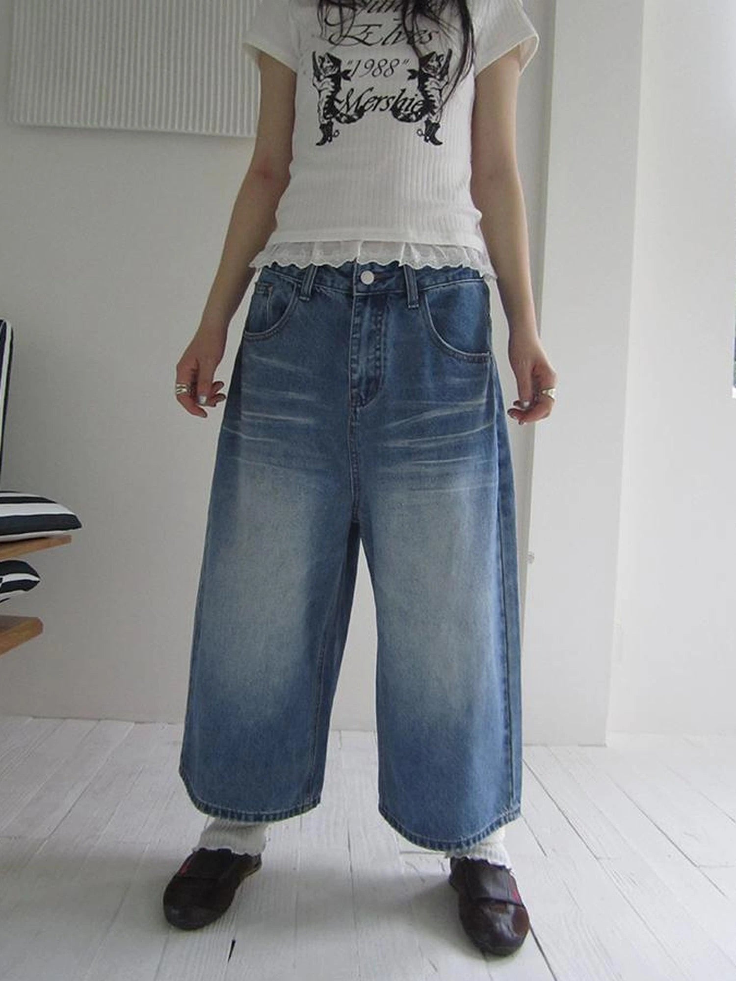 Retro Washed Vintage Wide Leg Cropped Jeans