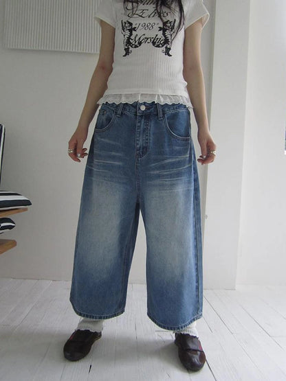 Retro Washed Vintage Wide Leg Cropped Jeans