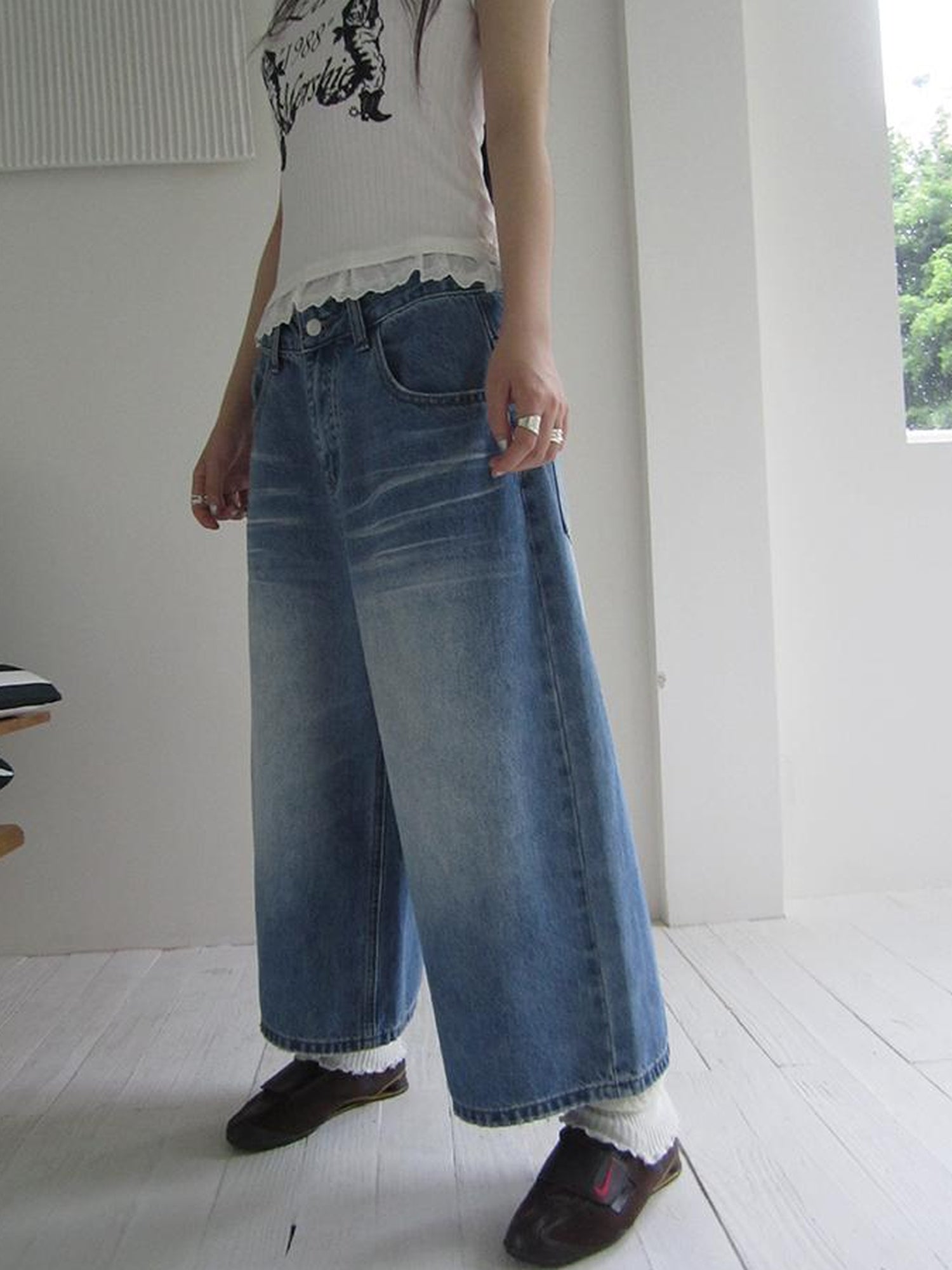 ang project Retro Washed Vintage Wide Leg Cropped Jeans