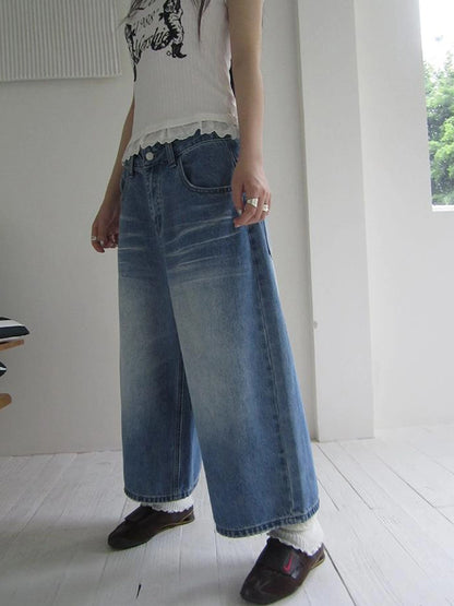 Retro Washed Vintage Wide Leg Cropped Jeans