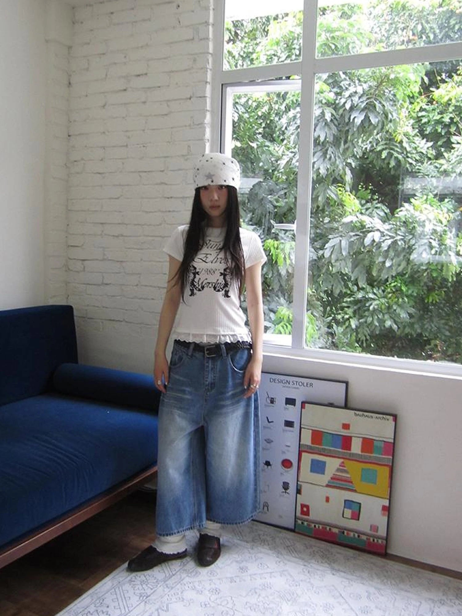 Retro Washed Vintage Wide Leg Cropped Jeans