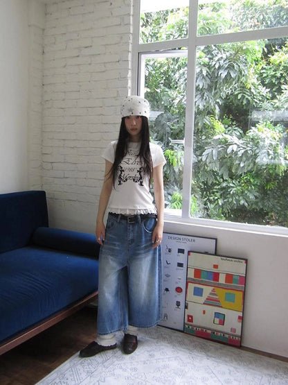 Retro Washed Vintage Wide Leg Cropped Jeans