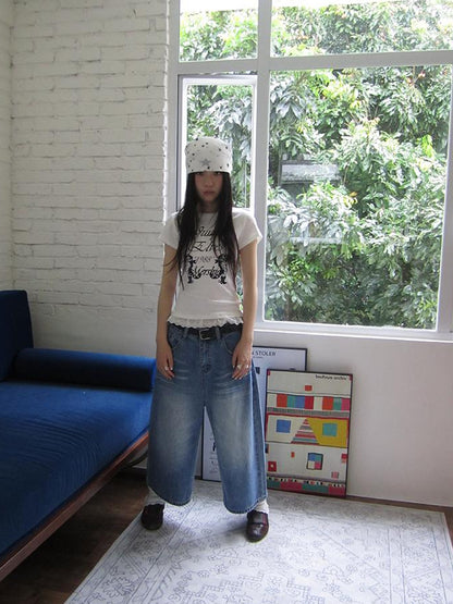 ang project Retro Washed Vintage Wide Leg Cropped Jeans