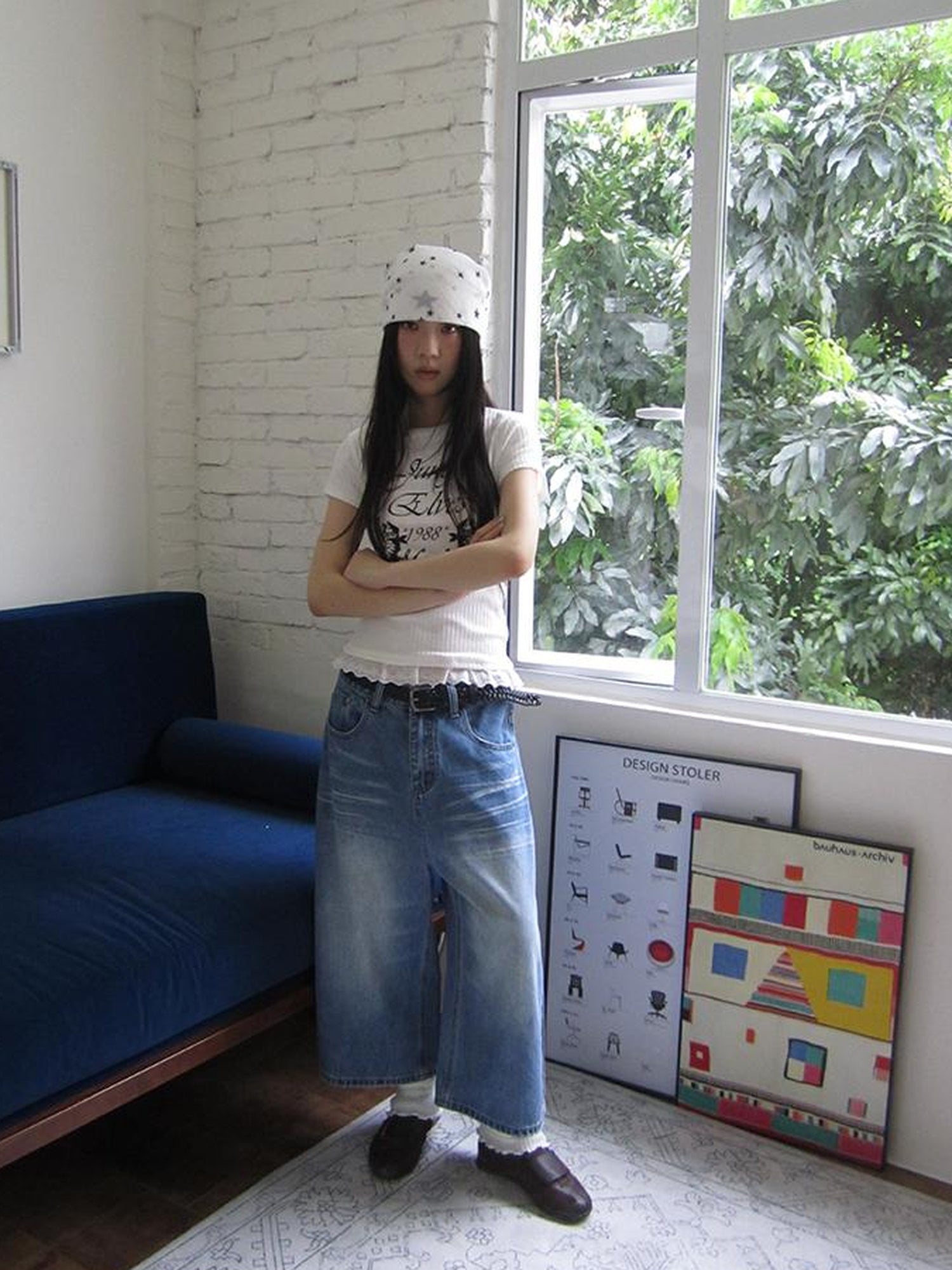 ang project Retro Washed Vintage Wide Leg Cropped Jeans
