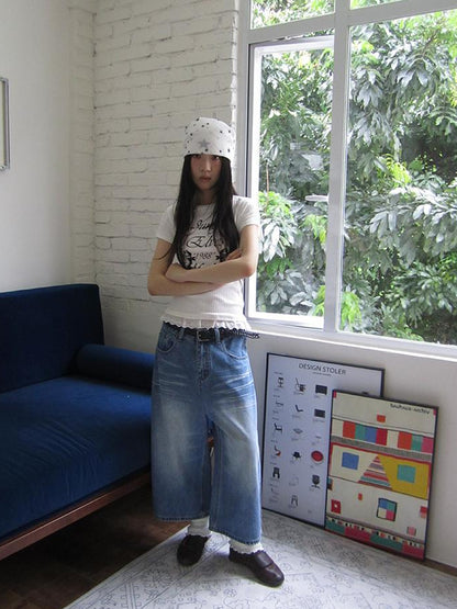 ang project Retro Washed Vintage Wide Leg Cropped Jeans