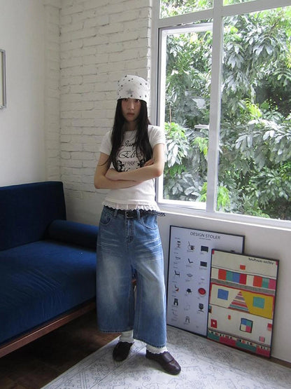 Retro Washed Vintage Wide Leg Cropped Jeans