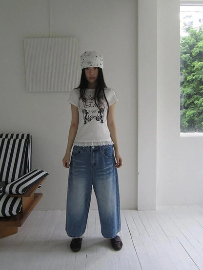 Retro Washed Vintage Wide Leg Cropped Jeans