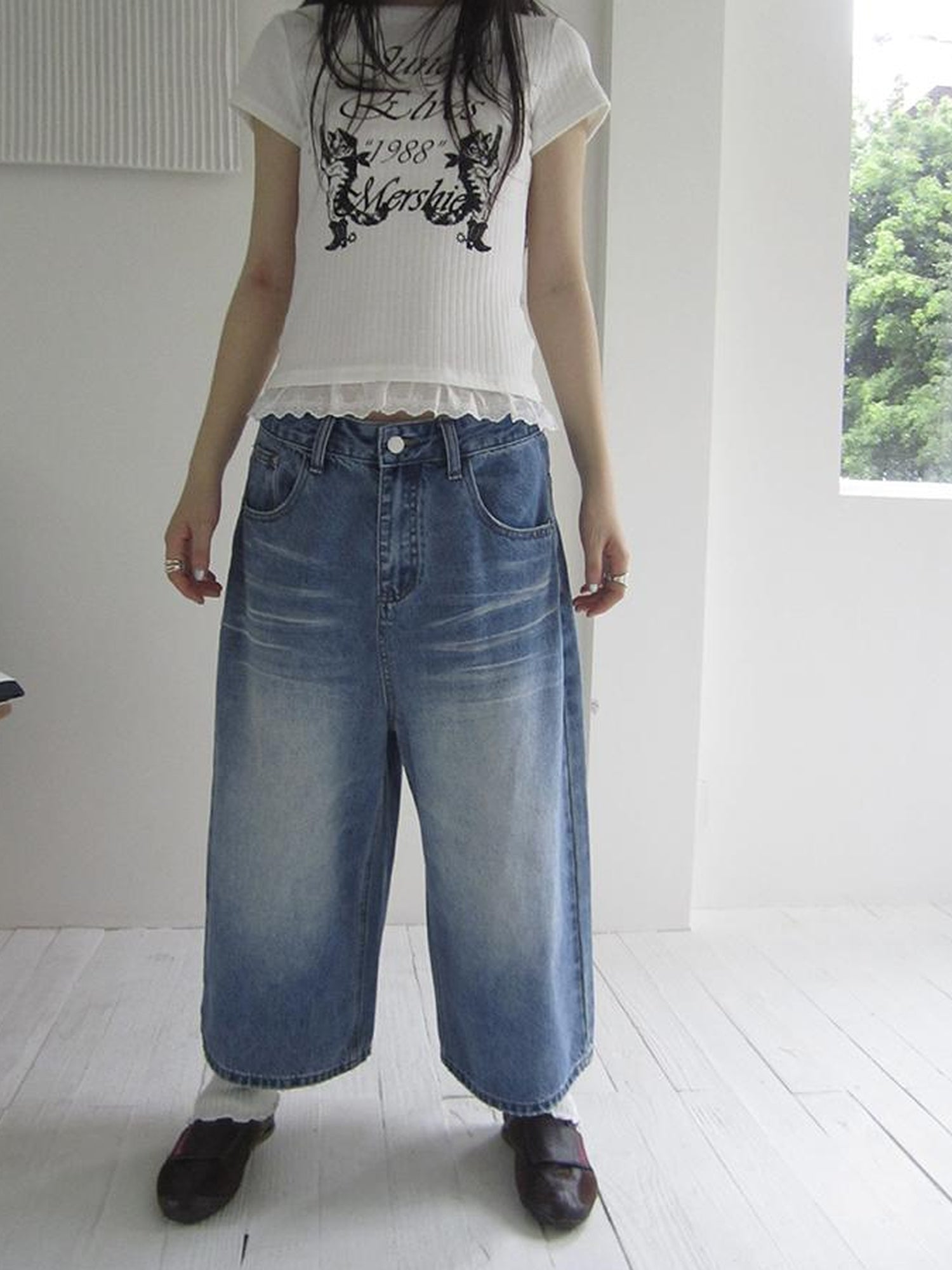 ang project Retro Washed Vintage Wide Leg Cropped Jeans