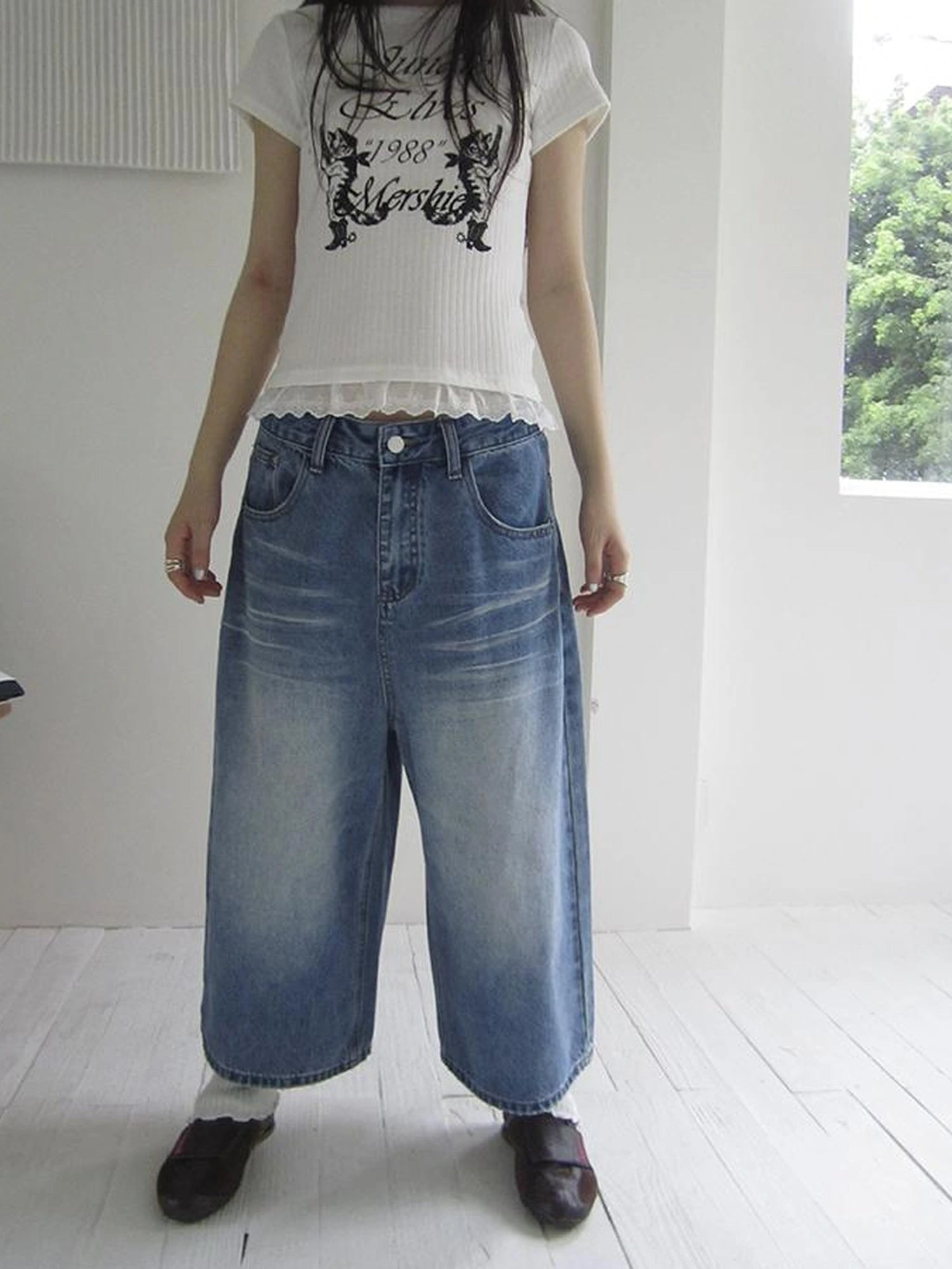 Retro Washed Vintage Wide Leg Cropped Jeans