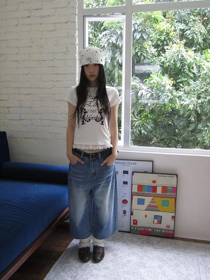 Retro Washed Vintage Wide Leg Cropped Jeans