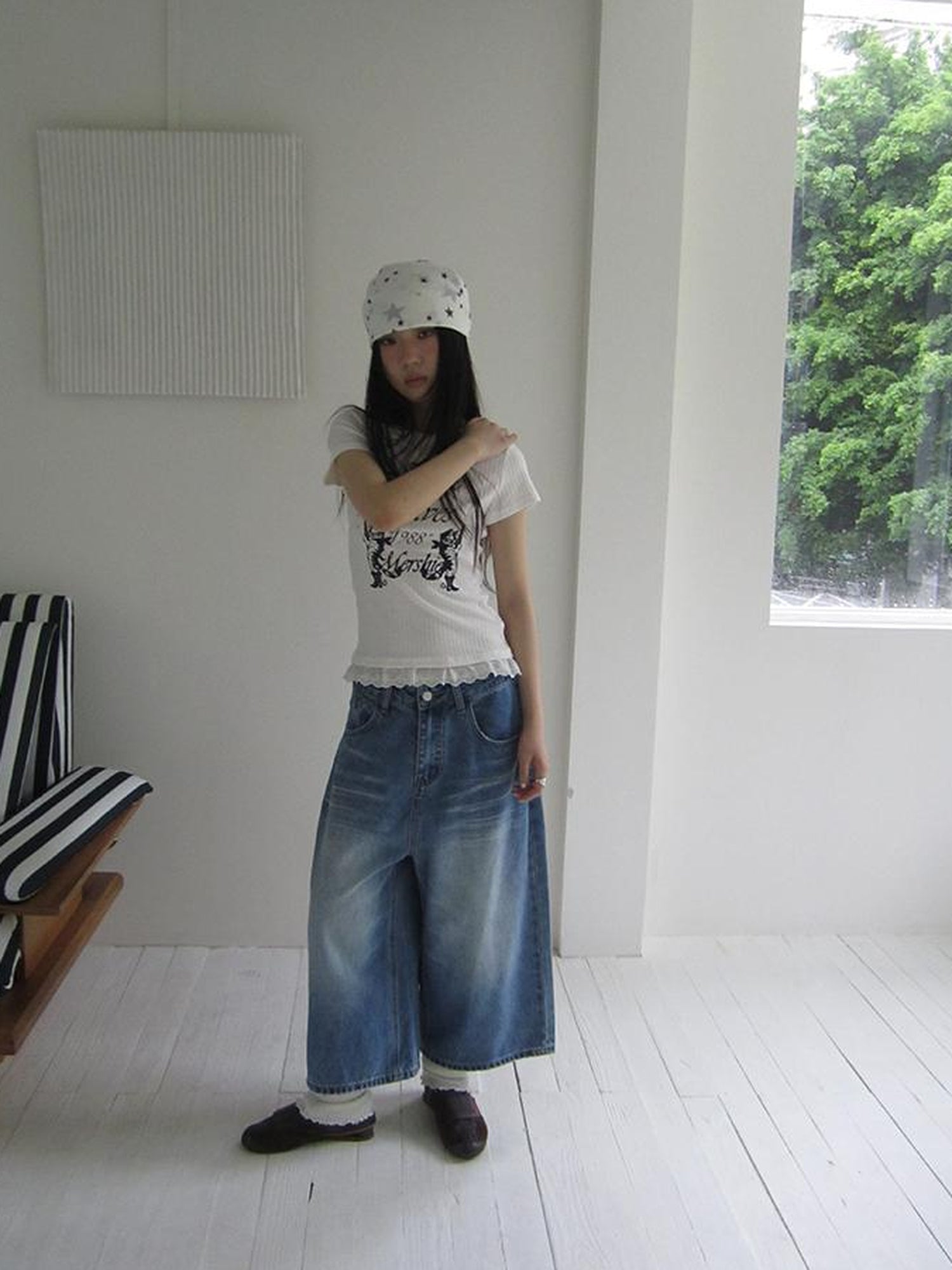 ang project Retro Washed Vintage Wide Leg Cropped Jeans