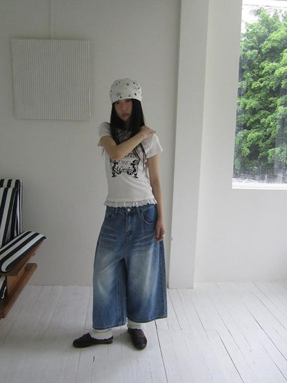 ang project Retro Washed Vintage Wide Leg Cropped Jeans