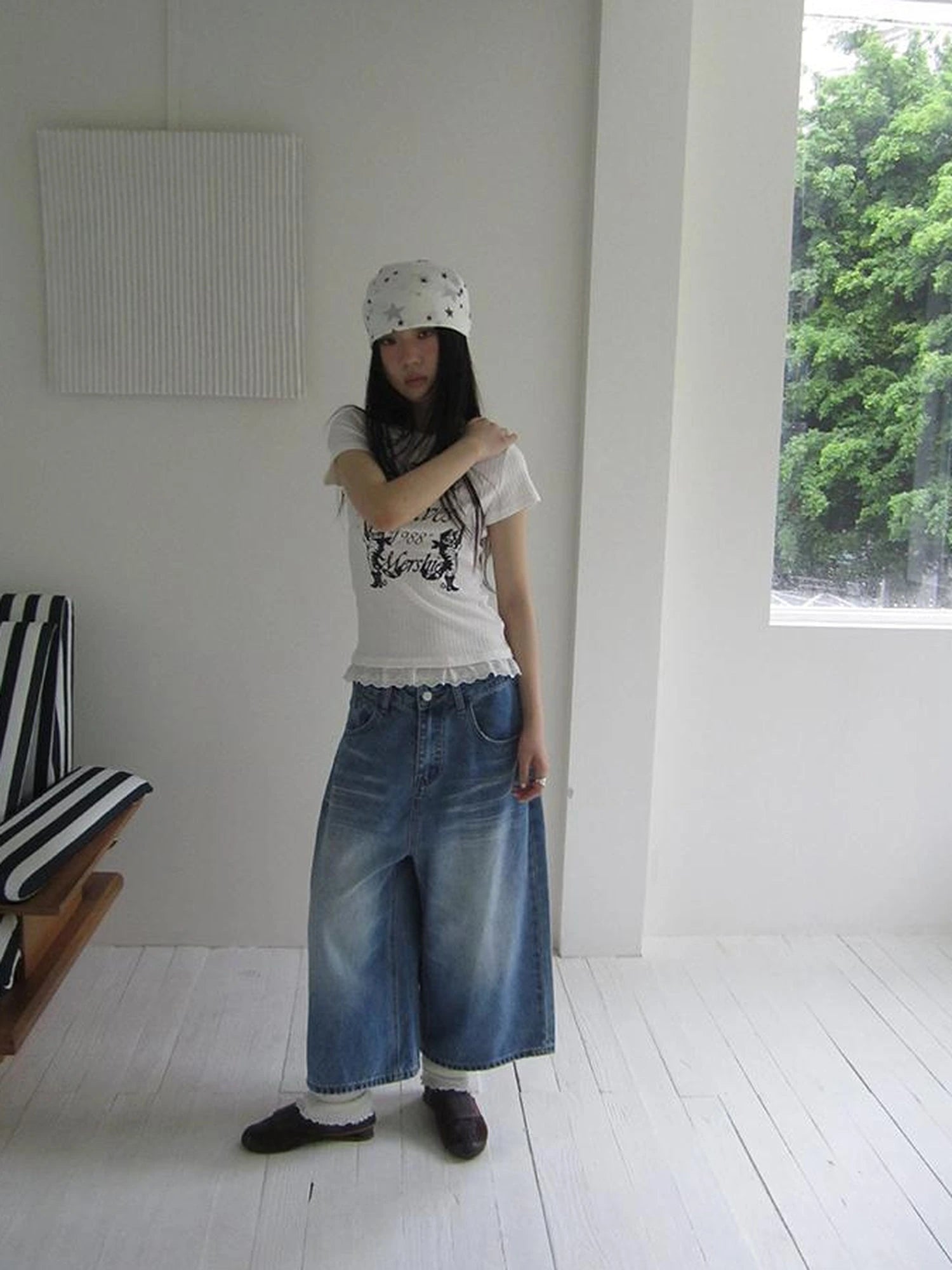 Retro Washed Vintage Wide Leg Cropped Jeans
