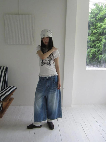 Retro Washed Vintage Wide Leg Cropped Jeans