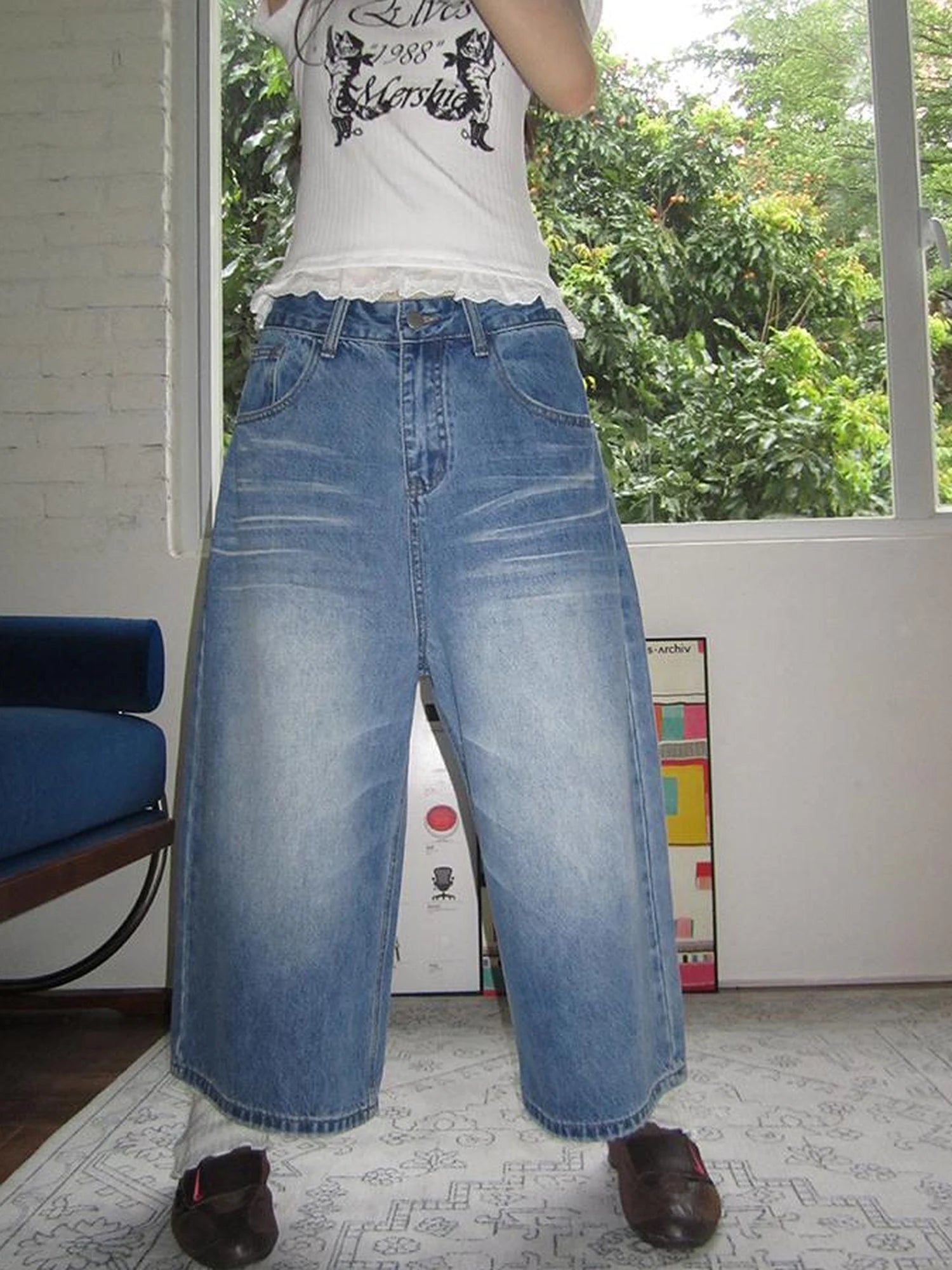 Retro Washed Vintage Wide Leg Cropped Jeans