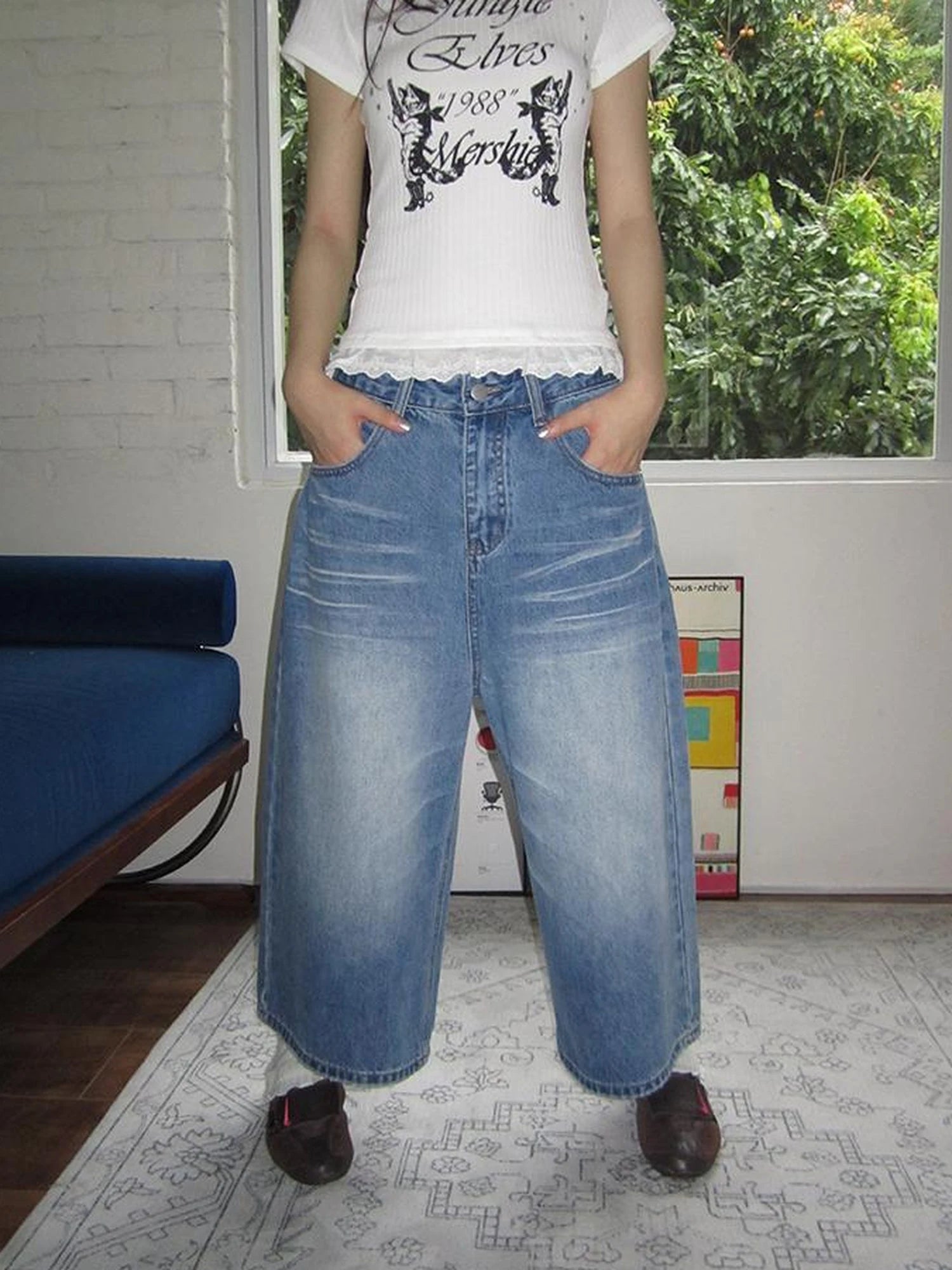 Retro Washed Vintage Wide Leg Cropped Jeans