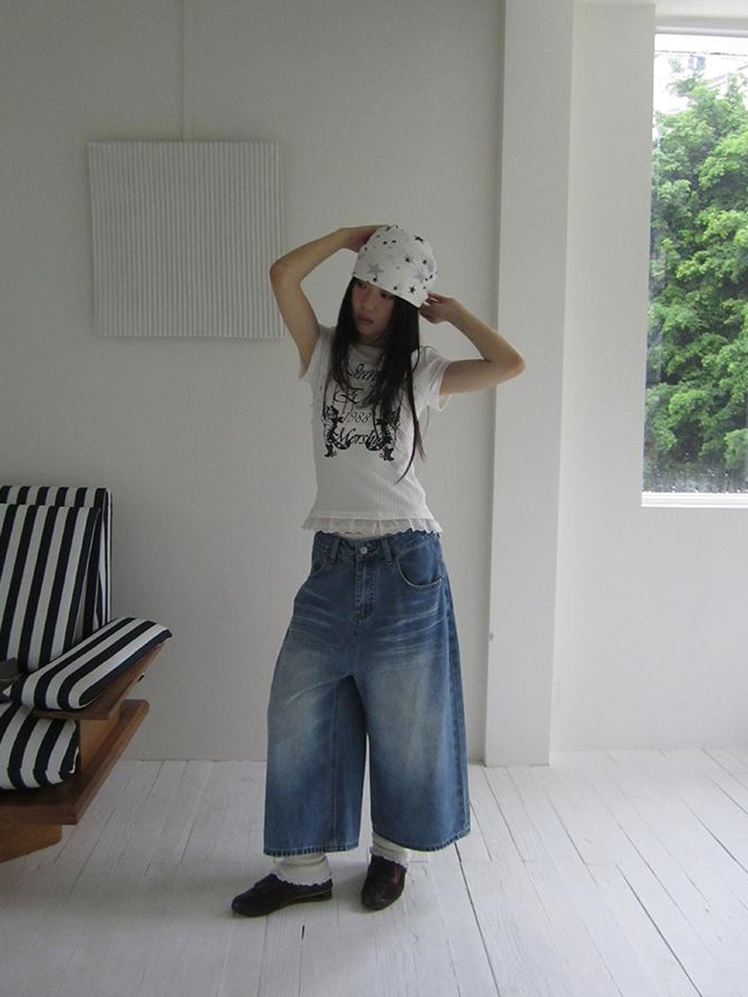 ang project Retro Washed Vintage Wide Leg Cropped Jeans