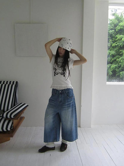 Retro Washed Vintage Wide Leg Cropped Jeans