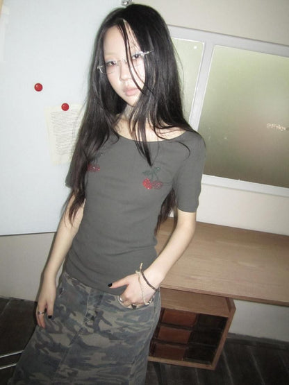 ang project Rhinestone Solid Slim Crew Neck Women&
