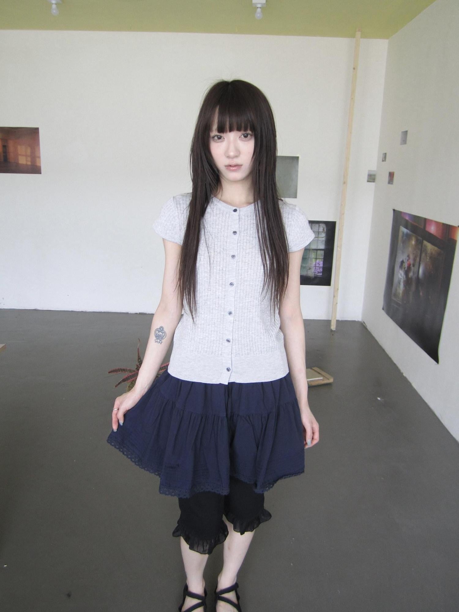 ang project Ribbed Single Row Button Short Sleeve Round Neck Women&