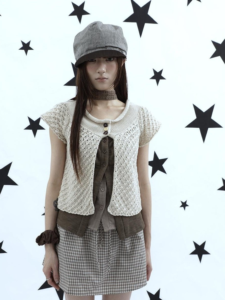 ang project Rolled Edge Hook Knit Loose Fit V-neck Short Sleeve Women&