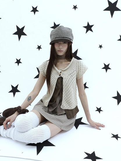 ang project Rolled Edge Hook Knit Loose Fit V-neck Short Sleeve Women&