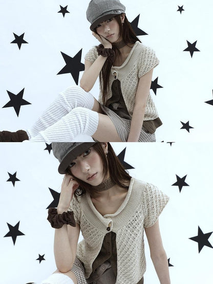 ang project Rolled Edge Hook Knit Loose Fit V-neck Short Sleeve Women&