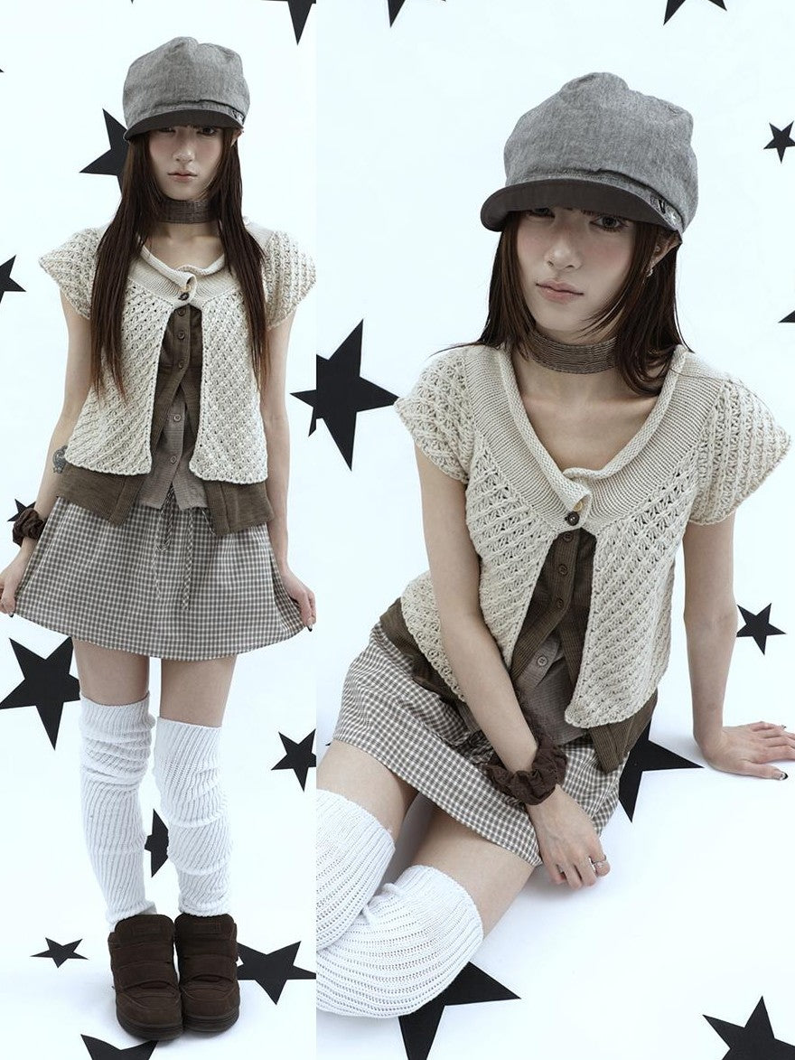 ang project Rolled Edge Hook Knit Loose Fit V-neck Short Sleeve Women&