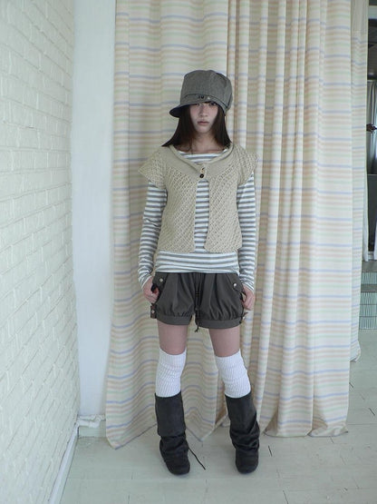 ang project Rolled Edge Hook Knit Loose Fit V-neck Short Sleeve Women&