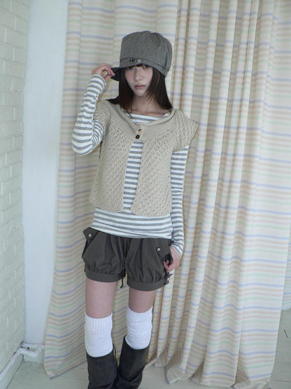 ang project Rolled Edge Hook Knit Loose Fit V-neck Short Sleeve Women&
