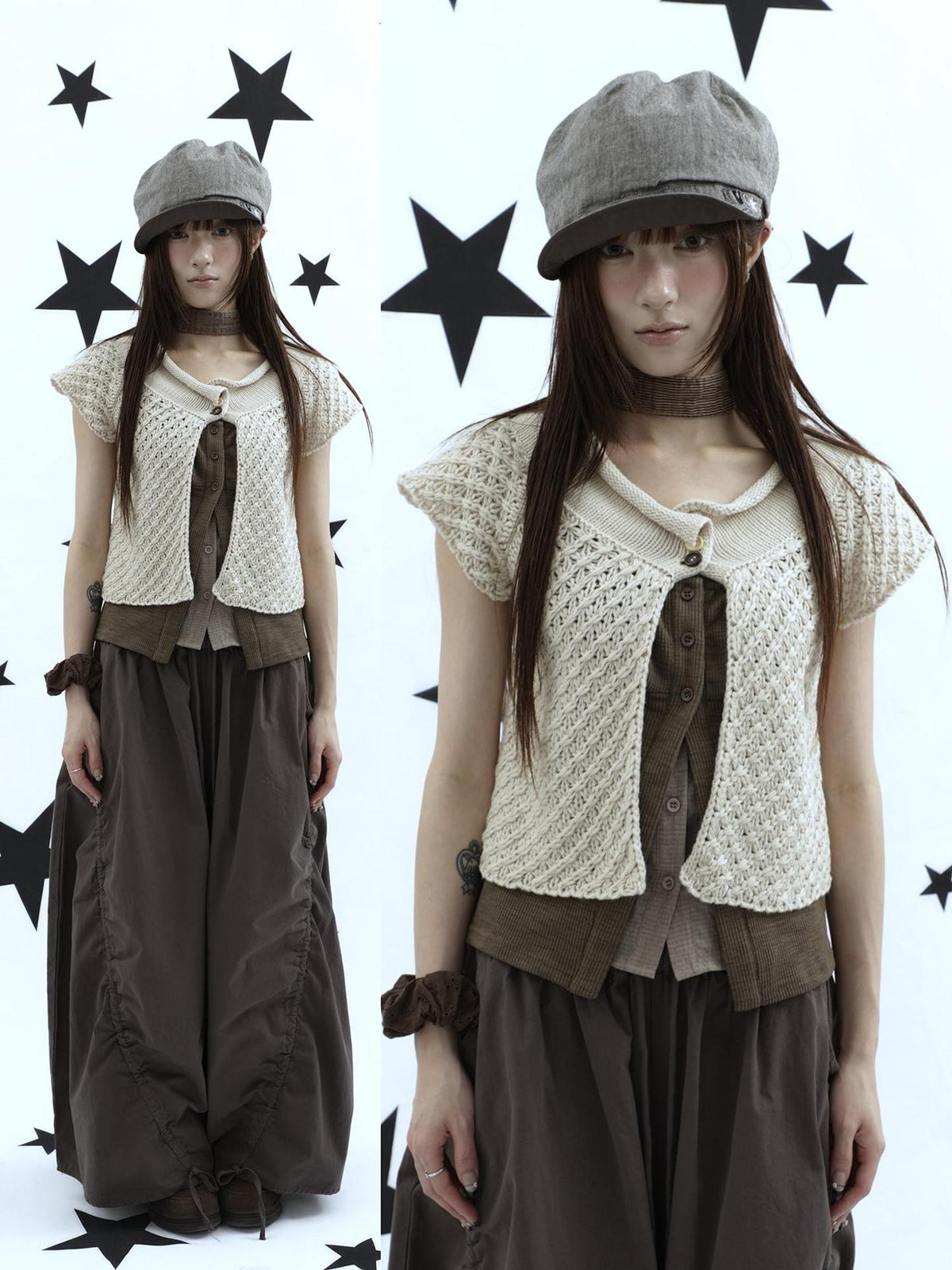 ang project Rolled Edge Hook Knit Loose Fit V-neck Short Sleeve Women&