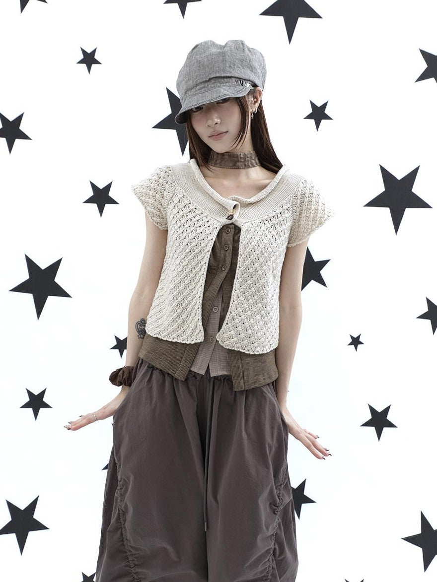 ang project Rolled Edge Hook Knit Loose Fit V-neck Short Sleeve Women&