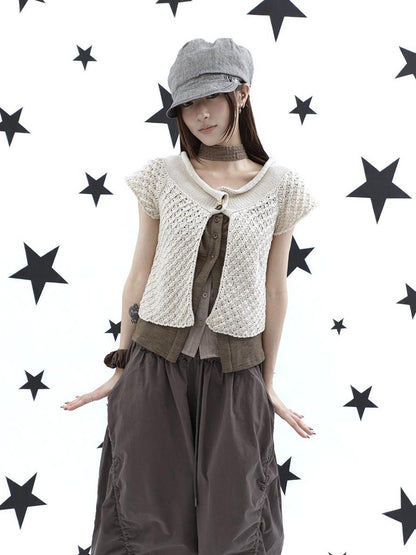 ang project Rolled Edge Hook Knit Loose Fit V-neck Short Sleeve Women&