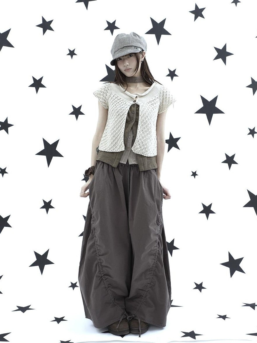 ang project Rolled Edge Hook Knit Loose Fit V-neck Short Sleeve Women&