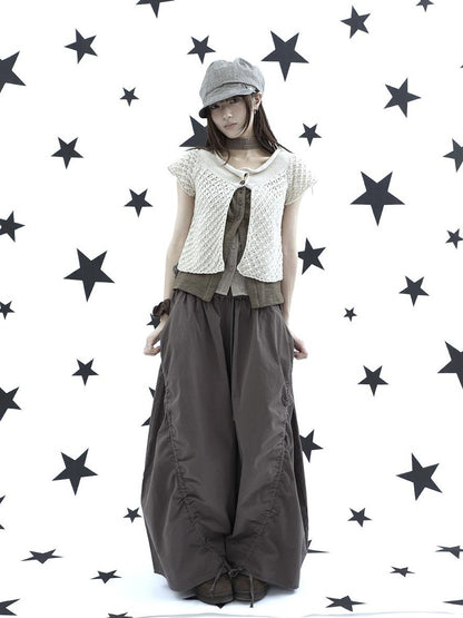 ang project Rolled Edge Hook Knit Loose Fit V-neck Short Sleeve Women&