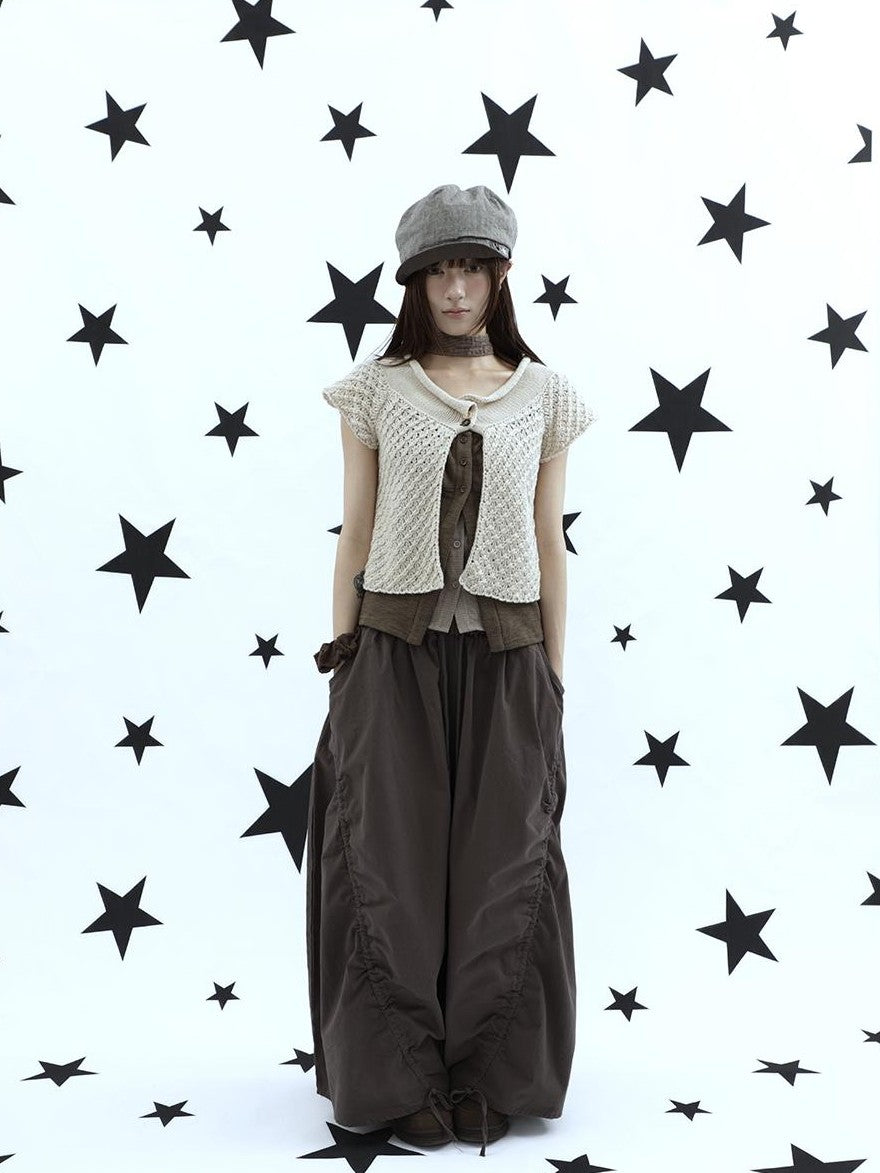 ang project Rolled Edge Hook Knit Loose Fit V-neck Short Sleeve Women&