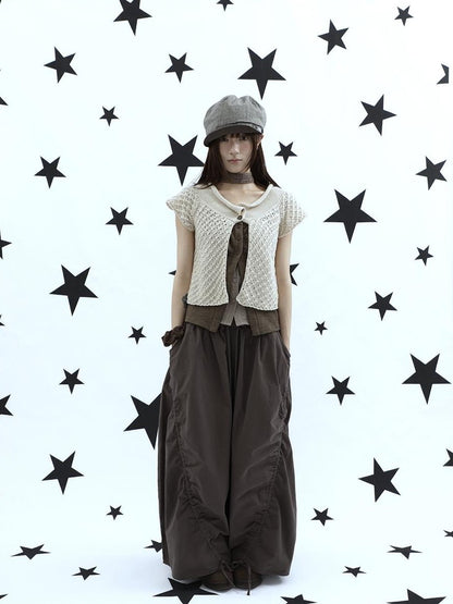 ang project Rolled Edge Hook Knit Loose Fit V-neck Short Sleeve Women&