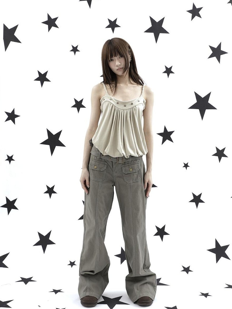 ang project Ruched Button Solid Color Women&
