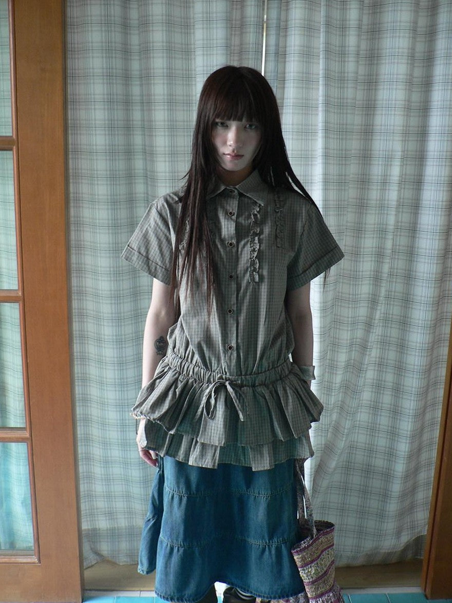 ang project Ruffle Checked Spliced Waist Cinch Women&