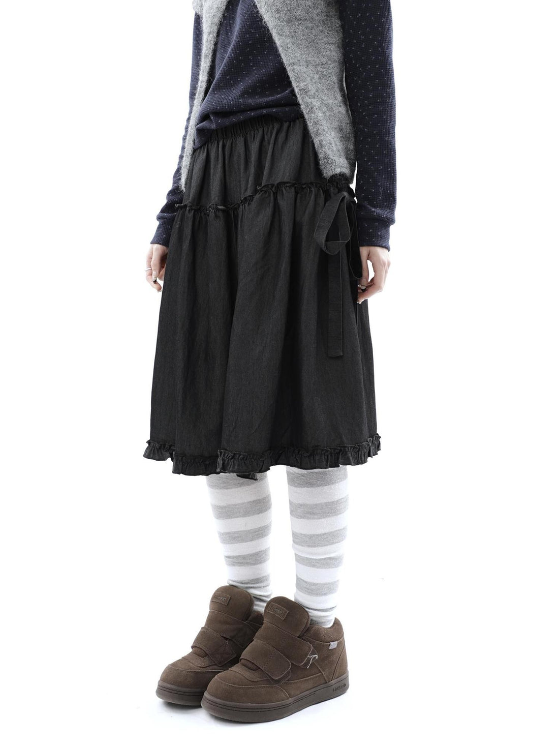 ang project Ruffle Edge Patchwork Tie Elastic Waist Flared Women&